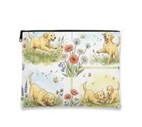 Trousse de maquillage vintage florale avec chiens jaunes et fleurs, pochette de voyage pour femme, organiseur portable en toile avec fermeture éclair, trousse de toilette de printemps, Jaune, 7x9 Inch