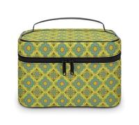 Trousse de Maquillage Vintage Marocaine Jaune à Motif Floral pour Femme, avec Compartiments et poignée, Trousse de Toilette imperméable en Cuir Souple pour Soins de la Peau, pour Voyage, Camping, ma