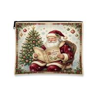 Trousse de maquillage vintage Père Noël lisant l'histoire de Noël 17,8 x | Illustration de vacances vintage, pochette de maquillage zippée, pin festif, décoration de saison d'hiver