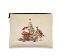 Trousse de maquillage vintage Père Noël, pochette de maquillage rustique pour femme, organiseur portable en toile avec fermeture éclair, trousse de toilette de voyage de Noël, beige, 7x9 Inch, Père