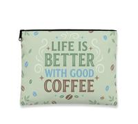Trousse de maquillage vintage « Playful Life Is Better » pour femme, organiseur portable en toile avec fermeture éclair, cadeau pour les amateurs de café, Vert, 7x9 Inch, Café