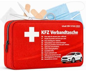 Trousse de premiers secours automobile 2026 DIN13164:2022 rouge, avec chiffons respiratoires, conforme loi allemande circulation routière, obligatoire pour voitures et sécurité routière