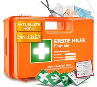 Trousse de premiers secours conforme à la nouvelle norme DIN 13157:2021 avec support mural, 5 autocollants et plombs | Mallette de premiers secours pour entreprises, maison ou gastronomie - Boîte de
