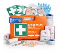 Trousse de premiers secours - DIN 13157 - Valise pour entreprises et entreprises - Boîte de premiers secours orange certifiée selon la norme actuelle - Avec autocollant et support mural