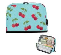 Trousse de rangement à crayons avec motif de cerises et de feuilles bleues et blanches à pois - Grande trousse à fermeture éclair pour filles - Pour la rentrée scolaire - Fournitures de bureau