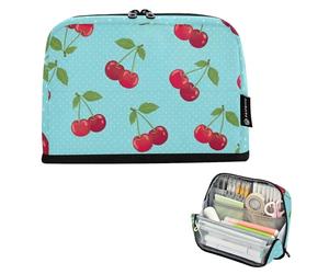 Trousse de rangement à crayons avec motif de cerises et de feuilles bleues et blanches à pois - Grande trousse à fermeture éclair pour filles - Pour la rentrée scolaire - Fournitures de bureau