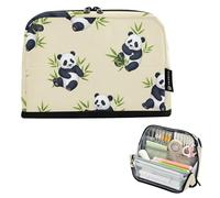 Trousse de rangement à crayons avec motif pandas et feuilles de bambou beige avec fermeture éclair - Grande trousse à stylos pour garçons - Imprimé animal - Fournitures scolaires et de bureau