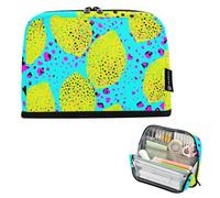 Trousse de rangement pour crayons jaune vif citrons bleus avec fermeture éclair - Grande trousse à crayons mignonne pour filles - Papeterie spéciale pour enfants - Fournitures de rentrée scolaire
