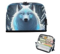 Trousse de rangement pour crayons mystique blanc loup bleu avec fermeture éclair - Grande trousse à crayons pour garçons et filles - Fournitures scolaires et de bureau
