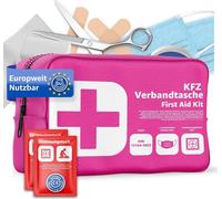 Trousse de secours automobile norme 2026 avec kits de réanimation - Trousse de secours automobile - DIN13164:2022 - Kit de premiers secours - Trousse de secours conforme au code de la route (rose)