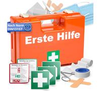 Trousse de secours - DIN 13157 Trousse pour mur & maison & entreprise - & 5x autocollants - Trousse de secours orange - support mural inclus