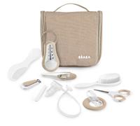 BÉABA Trousse de Toilette Bébé Nomade - 10 Accessoires Soins Dès la Naissance - Crochet Rotatif, Format Compact, Double Zip - Thermomètres, Coupe-Ongles, Mouche-Bébé, Brosse - Coloris Argile