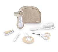 BÉABA Trousse de Toilette Bébé Nomade - 7 Accessoires Essentiels Dès la Naissance - Thermomètre, Coupe-Ongles, Ciseaux, Brosse, Anneau de Dentition - Format Compact avec Compartiments - Coloris Argile