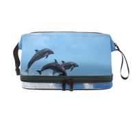 Trousse de toilette à double couche avec compartiment à brosse Motif trois dauphins sautant sur les vagues de rupture pour femmes et filles, multicolore, 27x15x14 cm/10.6x5.9x5.5 in, Trousse de