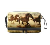 Trousse de toilette à double couche avec compartiment à pinceaux - Motif chevaux au galop dans la prairie - Pour femme et fille, multicolore, 27x15x14 cm/10.6x5.9x5.5 in, Trousse de toilette