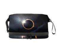 Trousse de toilette à double couche avec compartiment à pinceaux - Motif éclipse solaire sur fond noir - Pour femme et fille, multicolore, 27x15x14 cm/10.6x5.9x5.5 in, Trousse de toilette
