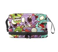 Trousse de toilette à double couche avec compartiment à pinceaux pour femme et fille, motif têtes de zombies, dessin animé, multicolore, 27x15x14 cm/10.6x5.9x5.5 in, Trousse de toilette