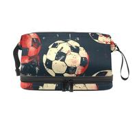 Trousse de toilette à double couche avec compartiment à pinceaux pour femmes et filles Motif ballons de football sur fond grunge, multicolore, 27x15x14 cm/10.6x5.9x5.5 in, Trousse de toilette