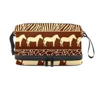 Trousse de toilette à double couche avec motif d'animaux africains avec imprimé peau pour femmes et filles, trousse de toilette de voyage, trousse de maquillage pratique avec compartiment à brosse,