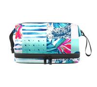 Trousse de toilette à double couche avec motif de feuilles et de rayures géométriques pour femmes et filles, trousse de toilette de voyage, trousse de maquillage pratique avec compartiment à pinceaux,