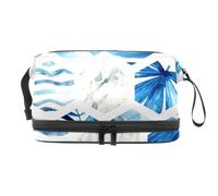 Trousse de toilette à double couche avec motif géométrique abstrait avec feuilles de palmier, vagues et rayures pour femmes et filles, trousse de toilette de voyage, trousse de maquillage pratique