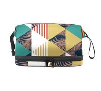 Trousse de toilette à double couche avec triangle géométrique avec feuilles rayées pour femmes et filles, trousse de toilette de voyage, trousse de maquillage, pochette de rangement pratique avec