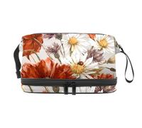 Trousse de toilette à double couche pour femme et fille Motif coquelicot et marguerite Rouge, multicolore, 27x15x14 cm/10.6x5.9x5.5 in, Trousse de toilette
