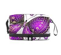 Trousse de toilette à double couche pour femme et fille, motif mandala, motif floral, papillon, trousse de toilette de voyage, trousse de maquillage pratique avec compartiment à brosse, multicolore,