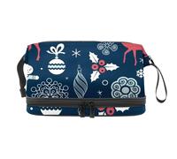 Trousse de toilette à double couche pour femme et fille, motif sapin de Noël, flocons de neige, rennes et clochettes, multicolore, 27x15x14 cm/10.6x5.9x5.5 in, Trousse de toilette