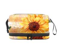 Trousse de toilette à double couche pour femme et fille, motif tournesol et papillon sur une vieille lettre, trousse de toilette de voyage, trousse de maquillage pratique avec compartiment à pinceaux,