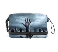 Trousse de toilette à double couche pour femme et fille, motif zombie qui sort du cimetière dans une nuit effrayante, trousse de toilette de voyage, sac de rangement pratique avec compartiment à