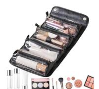 Trousse de toilette à enrouler - Trousse de toilette pliable avec grande capacité - En cuir imperméable - Pour cosmétiques et maquillage - Ouverte à plat - 4 amovibles, Noir , Voir description, Voir
