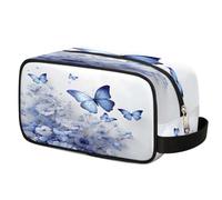 Trousse de toilette à motif floral et papillons bleus pour voyage, trousse de maquillage en polyester imperméable, trousse de rasage pour hommes, femmes, enfants, organisateur portable pour salle de
