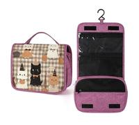 Trousse de toilette à suspendre en forme de chat citrouille vintage Buffalo Plaid Trousse de toilette de voyage Organiseur de maquillage pour femmes et hommes Portabilité multi-compartiments