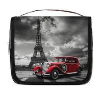 Trousse de toilette à suspendre Motif Tour Eiffel Paris Trousse de toilette de voyage Accessoires de maquillage Organiseur étanche Trousse de douche pour femmes filles enfants Rouge Vieille voiture