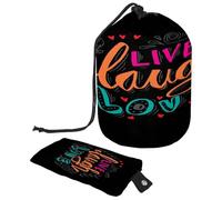 Trousse de toilette avec cordon de serrage en forme de tonneau « Live Laugh Love » - Trousse de toilette de voyage + petit sac, multicolore, 9.9x6.9in/25.2x17.6cm;6x3.5in/15.2x8.8cm, Trousse de
