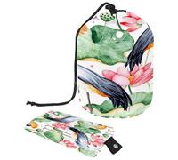 Trousse de toilette avec cordon de serrage, grue couronnée noire et nénuphar en forme de tonneau, trousse de toilette de voyage, pochette de rangement de maquillage + petit sac, multicolore,