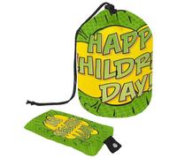 Trousse de toilette avec cordon de serrage, Happy Children's Day, fond vert, trousse de toilette en forme de tonneau, trousse de maquillage de voyage + petit sac, multicolore,