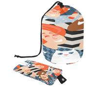 Trousse de toilette avec cordon de serrage - Happy New Year of Family - En forme de tonneau - Trousse de toilette - Trousse de maquillage de voyage + petit sac, multicolore,