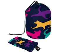 Trousse de toilette avec cordon de serrage, motif chat coloré marchant sur un tonneau sombre, trousse de toilette, trousse de maquillage de voyage + petit sac, multicolore,