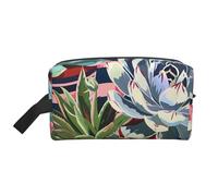 Trousse de toilette avec imprimé feuilles tropicales - Portable - Résistante à l'eau - Pour la salle de bain, la salle de bain - Avec poignée - Pour homme et femme, Plantes grasses rayées, One Size