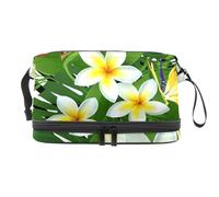 Trousse de toilette blanche avec feuilles sur rayures diagonales double couche pour femmes et filles, trousse de toilette de voyage, trousse de maquillage pratique avec compartiment à brosse,