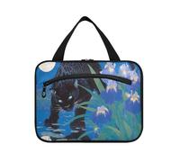 Trousse de toilette chic à suspendre motif léopard noir avec iris bleus pour voyage avec crochet, trousse de maquillage matelassée lavable pour voyageurs, croisières, taille L