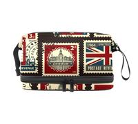 Trousse de toilette de voyage à double couche avec compartiment à pinceaux Motif drapeau britannique Big Ben London Timbres Pour femmes et filles, multicolore, 27x15x14 cm/10.6x5.9x5.5 in, Trousse de