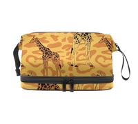 Trousse de toilette de voyage à double couche avec compartiment pour brosse Motif girafe sur fond imprimé guépard pour femmes et filles, multicolore, 27x15x14 cm/10.6x5.9x5.5 in, Trousse de toilette