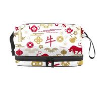 Trousse de toilette de voyage à double couche pour femme et fille Motif taureau chinois Avec compartiment à pinceaux, multicolore, 27x15x14 cm/10.6x5.9x5.5 in, Trousse de toilette