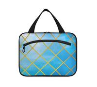 Trousse de toilette de voyage à suspendre avec crochet - Motif de grille dorée - Dégradé bleu - Trousse de maquillage pour papa - Taille L