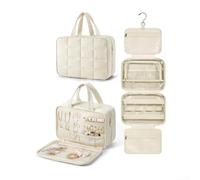Trousse de toilette de voyage à suspendre avec organiseur de bijoux - Sac de rangement étanche en nylon pour homme et femme - 28 x 12 x 20 cm - Beige