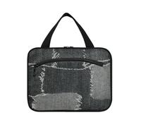 Trousse de toilette de voyage à suspendre en denim gris patchwork pour femme avec crochet, trousse de toilette mignonne à suspendre pour adultes camping bolso de para Mujer L