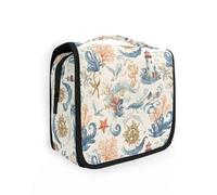 Trousse de toilette de voyage à suspendre - Motif vagues de l'océan - Tour lumineuse - Corail - Oiseau de mer - Étoile de mer - Trousse de maquillage - Organiseur